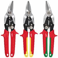 MILWAUKEE Aviation Snip Set: Left/Right/Straight, 10 in Overall Lg, 1 1/2 in Cutting Lg, TPR, TPR (MPN 48-22-4563). Key specifications — attr308531: TPR; attr308530: Forged Steel; attr308532: TPR; attr308533: No; attr308535: Thin Metal, Aluminum, Metal; attr308546: Straight; attr324897: MILWAUKEE.