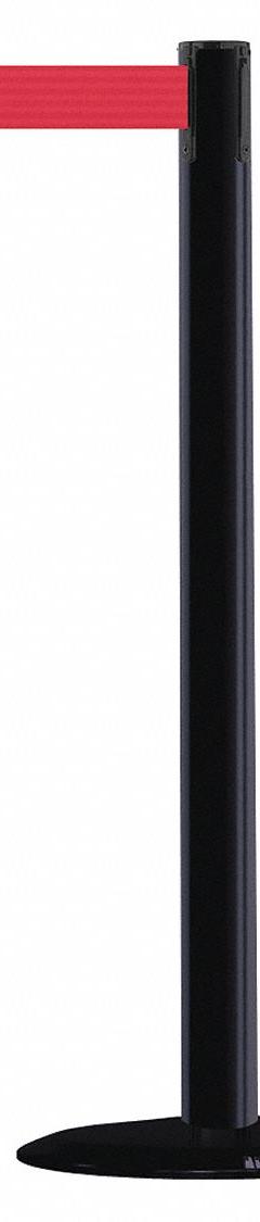 TENSABARRIER Barrier Post with Belt: Red, No Pattern, No Legend, 7 1/2 ft Belt Lg, Black (MPN 875-33-STD-NO-R5X-C). Key specifications — Base Material: Cast Iron; Belt Color: Red; Brand: TENSABARRIER; Post Material: Plastic; Post Color: Black; Message: No Legend.