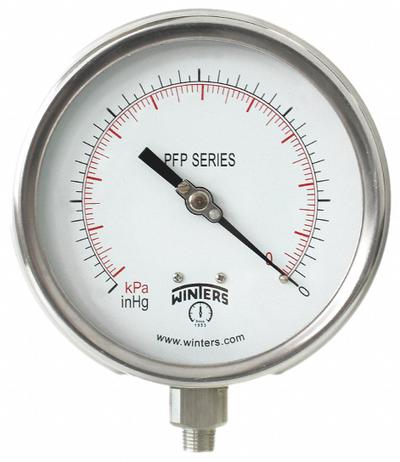 WINTERS Panel-Mount Pressure Gauge: Back Flange, 0 psi to 300 psi, 4 1/2 in Dial - Back-Flange Panel-Mount with Stainless Steel Wetted Parts