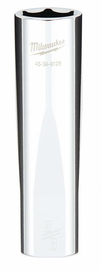 MILWAUKEE Deep Well Socket: SAE, 1/2 in Drive Size, 5/8 in Socket Size, 6-Point, Deep, Chrome (MPN 45-34-9128). Key specifications — attr1204417: MILWAUKEE; attr1204392: Chrome.