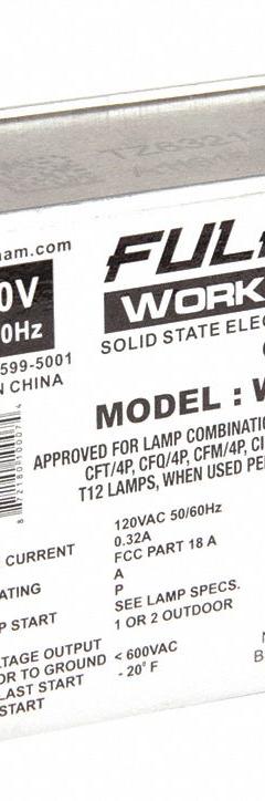 FULHAM Fluorescent Ballast: 120V AC, 1/2 Lamps Supported, 3 3/8 in Overall Lg, 1 3/4 in Overall Wd (MPN WH22-120-C). Key specifications — attr1125022: (1) F15T12; attr239899: FULHAM; attr1125144: 2.