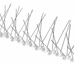 BIRD BARRIER Bird Repellent Spikes: Wide, Plastic Base, Silver, 100 ft Overall Lg, 8 in Overall Wd (MPN BP-F3100). Key specifications — Brand: BIRD BARRIER; Spike Material: Stainless Steel; Targeted Birds: Pigeons; Base Material: Plastic; Ledge Width: Wide.
