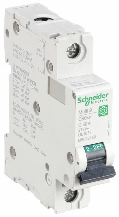 SCHNEIDER Supplementary Protector: 50 A Amps, 60V DC, 10kA at 120/240V AC, Screw Clamp - C-Curve, 1-Pole UL1077 DIN Rail-Mount Supplementary Protectors
