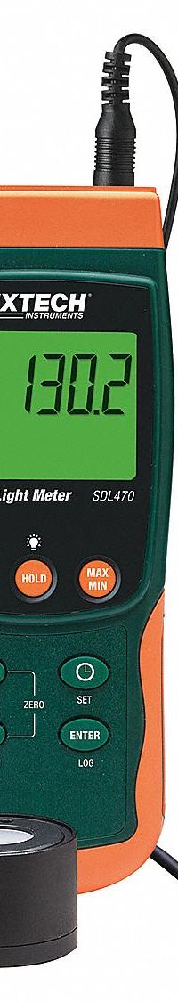 EXTECH Light Meter: ±4% Full Scale Light Level Accuracy, LCD with Backlight, 39 in Sensor Cord Lg (MPN SDL470-NISTL). Key specifications — attr1002026: EXTECH; attr1002038: ±4% Full Scale; attr1002032: LCD with Backlight; attr1002036: UVA Light Sensor with Protective Cover; attr1002041: UV-C; attr1034192: ±4%; attr1034195: Included.