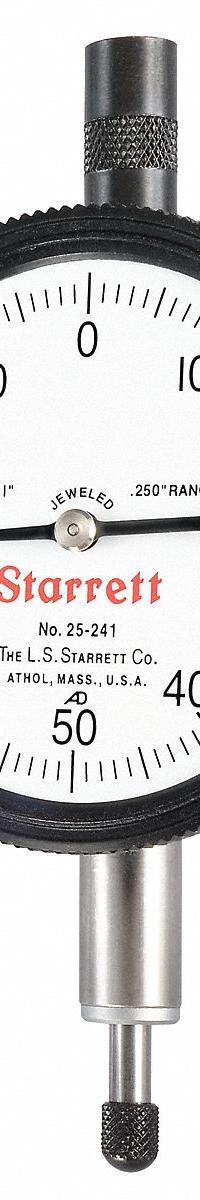 STARRETT Dial Indicator - Lug Back: 0 in to 0.25 in, Inch, Plunger, 0.001 in Accuracy (MPN 25-241J). Key specifications — attr1184168: 25-241J; attr1184178: 0-100; attr1184223: STARRETT; attr1200883: Dial Indicator - Lug Back; attr1184173: AGD 2; attr1184177: 0.001 in; attr1184208: Not Included.
