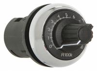 EATON Potentiometer: 22 mm Panel Mounting Size, 4,700 ohm Max Resist Rating, Metallic (Chrome) Bezel (MPN M22M-R4K7-RH). Key specifications — Manufacturer Part Number: M22M-R4K7-RH; Series: M22; Brand: EATON; Includes Dial Plate: Dial Plate Included; Knob Style: Oversized; Bezel Style: Metallic (Chrome).