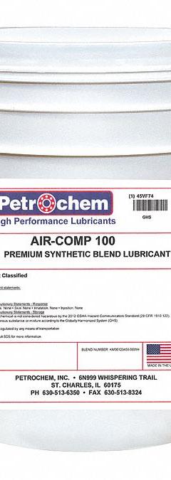 PETROCHEM Compressor Oil: 5 gal, Pail, 30 SAE Grade, 100 ISO Viscosity Grade, 97 Viscosity Index (MPN AIR-COMP 100-005). Key specifications — attr59744: 97; attr59746: 100; attr59736: No; attr59735: Pail; attr59738: Air-Comp Series; attr59749: 30.