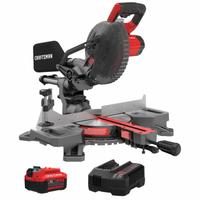 CRAFTSMAN Miter Saw Kit: 1 Battery, 1 Charger, 7 1/4 in Blade Dia., 5/8 in Arbor Size, Sliding, 47° (MPN CMCS714M1). Key specifications — attr1190211: 4 Ah.