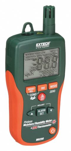 EXTECH Moisture Meter: Digital, LCD, Pin/Pinless, Carrying Case/Pin Moisture Probe, Wood (MPN MO290). Key specifications — attr999354: Digital; attr1009284: Flat Pinless; attr1009272: Built-In Material Library; attr999347: Wood; attr999350: LCD; attr999383: ±3%; attr999345: EXTECH.