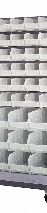 QUANTUM STORAGE SYSTEMS Mobile Louvered Floor Rack: 36 in x 24 in x 72 in, 96 Bins Included, Clear (MPN QMD-36H-230240CL). Key specifications — Bin Width: (72) 5-1/2 in; Color: Gray; Caster Wheel/Configuration: (2) Rigid; Bin Color: Clear; Bin Depth: (72) 10-7/8 in; Bin Height: (72) 5 in; Includes: (24) QUS240CL Bins; Brand: QUANTUM STORAGE SYSTEMS.