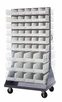 QUANTUM STORAGE SYSTEMS Mobile Louvered Floor Rack: 36 in x 24 in x 72 in, 96 Bins Included, Clear (MPN QMD-36H-230240CL). Key specifications — Bin Width: (72) 5-1/2 in; Color: Gray; Caster Wheel/Configuration: (2) Rigid; Bin Color: Clear; Bin Depth: (72) 10-7/8 in; Bin Height: (72) 5 in; Includes: (24) QUS240CL Bins; Brand: QUANTUM STORAGE SYSTEMS.