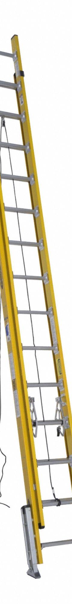 WERNER Extension Ladder: 28 ft Ladder Size, Fiberglass, 375 lb Load Capacity, 75 lb Wt, 2 Sections (MPN D7128-2LV). Key specifications — Color: Yellow; Brand: WERNER; Included Features: Leg Levelers; Removable Fly: Removable.