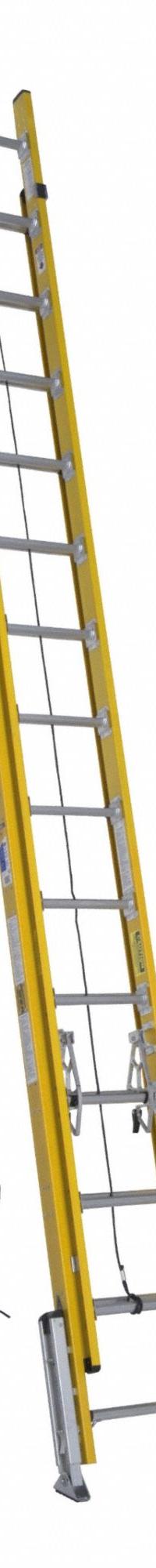 WERNER Extension Ladder: 28 ft Ladder Size, Fiberglass, 375 lb Load Capacity, 75 lb Wt, 2 Sections (MPN D7128-2LV). Key specifications — Color: Yellow; Brand: WERNER; Included Features: Leg Levelers; Removable Fly: Removable.