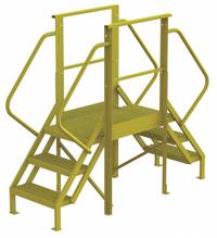 TRI-ARC Crossover Bridge: 2.5 ft Platform Ht, Steel, 1,000 lb Load Capacity, Perforated, 3 Steps (MPN 7CY90). Key specifications — Brand: TRI-ARC; Color: Yellow; Tread Type: Perforated.