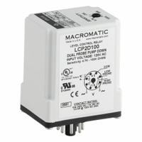 MACROMATIC Level Control Relay: Socket Mounted, Dual Probe, 10 A Current Rating, 120V AC, Pump Down (MPN LCP2D100). Key specifications — Contact Rating (AC): 10 A @ 240V AC; Contact Rating (DC): 7 A @ 28V DC; Electrical Connection: 8-Pin Terminal; Mounting Style: Socket; Number of Probes: Dual Probe; Relay Function: Pump Down; Status Indicator: LED Indicator; Brand: MACROMATIC.