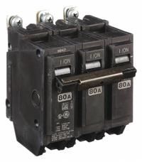GE Miniature Circuit Breaker: THQB, 80 A, 120/240V AC, Three Phase, 10kA at 120/240V AC, Std (MPN THQB32080). Key specifications — attr195972: 80 A; attr195973: 120/240V AC; attr195974: Three; attr195975: 10kA at 120/240V AC; attr195976: Load Centers.