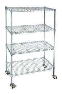 APPROVED VENDOR Wire Shelving Unit: 60 in x 24 in x 68 in, Dry, Split Sleeve, 4 Shelves, Silver (MPN 3TPC7). Key specifications — attr15738: Silver; attr14157: Zinc-Plated; attr14150: Dry; attr14159: Round; attr5304: 4; attr14155: (2) Swivel; attr14158: Steel; attr14156: Polymer.