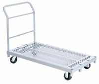 RAYMOND PRODUCTS Platform Truck: 2,400 lb, 54 in L x 30 in W x 8 1/2 in H Deck, Perforated, Rubber (MPN 3954). Key specifications — Side Panel Type: No Side Panels; Brand: RAYMOND PRODUCTS; Color: Gray; Caster/Wheel Configuration: (4) Swivel.