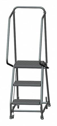 BALLYMORE Rolling Ladder: 2.4 ft Platform Ht, Unassembled, Steel, Wt-Actuated, Perforated (MPN H318P). Key specifications — Includes Handrails: Handrails Included; Material: Steel; Brand: BALLYMORE; Color: Gray.