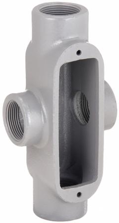 Conduit Outlet Body: Iron, 2 in Trade Size, X Body, 105 cu in Body Capacity, Threaded Hub (MPN X68). Key specifications — Finish: Powder Coated; Includes: Set Screw Hubs; For Use With: IMC; Brand: HUBBELL KILLARK; Hub Style: Threaded; Mfr. Series: Duraloy 8.
