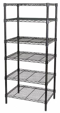 APPROVED VENDOR Wire Shelving Unit: Starter, 60 in x 18 in, 63 in Overall Ht, 6 Shelves, Dry/Wet (MPN 32V408). Key specifications — Recommended Environments: Dry; Color: Black; Finish: Powder Coated; Material: Steel; Brand: APPROVED VENDOR.
