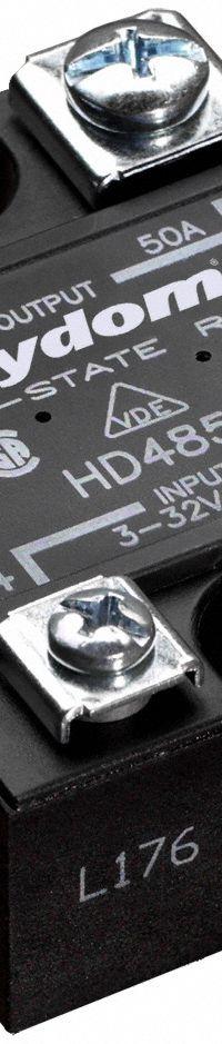 CRYDOM Solid State Relay: Surface Mounted, 50 A Max Output Current, SCR, AC Output (MPN HD4850-10). Key specifications — Brand: CRYDOM; Current Type: AC; Electrical Connection: Screw Clamp; Finger Safe: No; Input Current: 12 mA; Maximum Output Current without Heat Sink: 12 A; Mounting Style: Panel; Output Voltage: 48 to 530V AC.