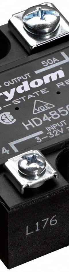 CRYDOM Solid State Relay: Surface Mounted, 50 A Max Output Current, SCR, AC Output (MPN HD4850-10). Key specifications — Brand: CRYDOM; Current Type: AC; Electrical Connection: Screw Clamp; Finger Safe: No; Input Current: 12 mA; Maximum Output Current without Heat Sink: 12 A; Mounting Style: Panel; Output Voltage: 48 to 530V AC.