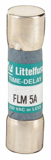 LITTELFUSE Fuse: FLM Series, Midget, Time-Delay, 5 A, 250 V AC, 13/32 in x 1 1/2 in, Non-Indicating (MPN FLM005). Key specifications — Series: FLM; Brand: LITTELFUSE.