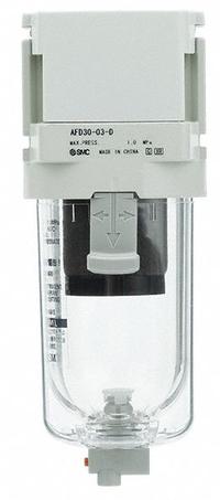 SMC Compressed Air Filter: Water Separator, 1/4 in NPT, 0.01 micron, 8.5 cfm, Plastic Bowl, AFD (MPN AFD30-N02C-Z-D). Key specifications — attr110055: AFD; attr110008: SMC.