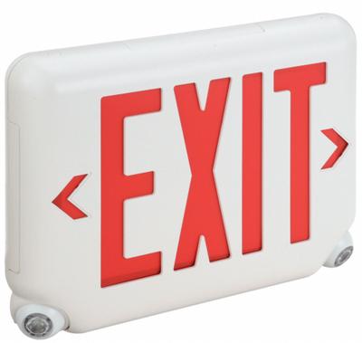 DUAL-LITE Exit Sign with Emergency Lights: White, 1 or 2 Faces, Red, LED, Ceiling/Wall - Plastic Exit Signs with Round Bottom-Mount Light Heads
