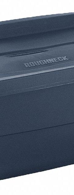RUBBERMAID Storage Tote: 10 gal, 23 7/8 in x 15 7/8 in x 8 7/8 in, Dark Blue/Metallic Body, Blue (MPN RMRT100004). Key specifications — Material: Plastic; Edge/Corner Design: Rounded; Body Color: Dark Blue/Metallic; Lid Color: Dark Blue/Metallic; Brand: RUBBERMAID; NSF Certified: Not NSF Certified; Nestable: Nesting Capable.