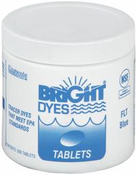 BRIGHT DYES Dye Tracer Tablet: Blue, Water Tracing Dye, 3 to 6 min, <100 ppb (MPN 101105). Key specifications — Brand: BRIGHT DYES; Dissolution Time: 3 to 6 min; Color: Blue; Dye Type: Water Tracing Dye; Coverage: 20 gal (Strong Visual), 200 gal (Light Visual); Detectability: 100 ppb.