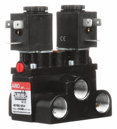 ARO Solenoid Air Control Valve: Alpha, Four-Way / Two-Position, 120V AC, 3/8 in Female NPT - ARO Alpha Series Solenoid-Operated Inline Air Control Valves