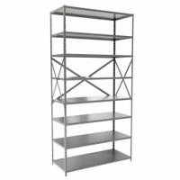HALLOWELL Metal Shelving: Standalone, Heavy-Duty, 48 in x 18 in, 84 in Overall Ht, 8 Shelves (MPN F7713-18HG). Key specifications — attr41760: Steel; attr41761: Steel; attr37625: Unassembled; attr37628: Gray; attr33609: HALLOWELL.