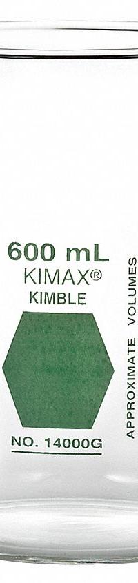 KIMBLE Colorware Beaker: 1,000 mL, 33.81 fl oz, A, Low Form, Type I, Green, Borosilicate Glass (MPN 14000G-1000). Key specifications — attr1371034: Type I; attr1371051: KIMBLE; attr1371062: Green.