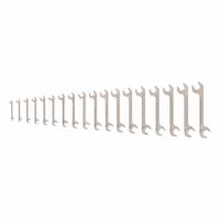 TEKTON Open End Wrench Set: Chromium Molybdenum Steel, Satin, 23 Tools, 30°_60° Opening Angle (Deg.) (MPN WAE91007). Key specifications — attr309745: No; attr309746: Cardboard; attr309754: Satin; attr309753: Chromium Molybdenum Steel; attr324938: TEKTON.
