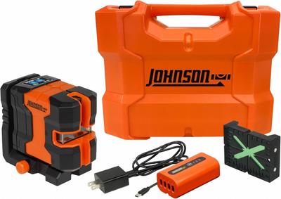 JOHNSON LEVEL Cross-Line Laser: 2 Lines and 2 Dots, Green Beam, 2 Planes - Cross-Line Laser Levels