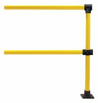 HOLLAENDER Handrail Extension: Toe Board Not Included, 5 in x 5 in, Floor Mounted Rail Mounting (MPN 50321). Key specifications — Product Type: Handrail Extension; Brand: HOLLAENDER; Color: Yellow; Handrail Shape: Round; Material: Steel; Number of Rail Levels: 2; Rail Mounting Style: Floor Mounted.