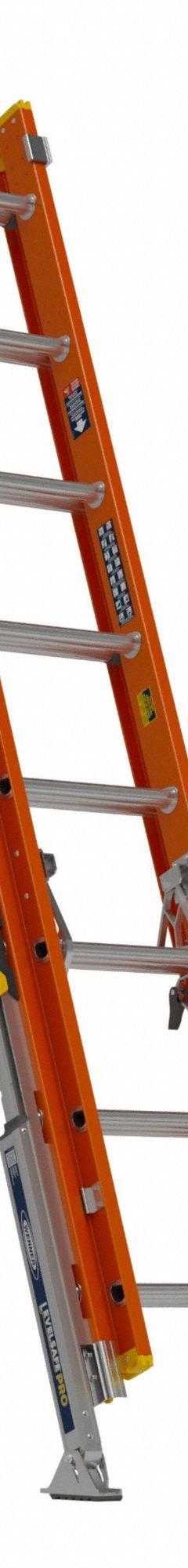 WERNER Extension Ladder: 16 ft Ladder Size, Fiberglass, 300 lb Load Capacity, 52 lb Wt, 2 Sections (MPN D6216-2L). Key specifications — Color: Orange; Brand: WERNER; Included Features: Bubble Level; Removable Fly: Removable.