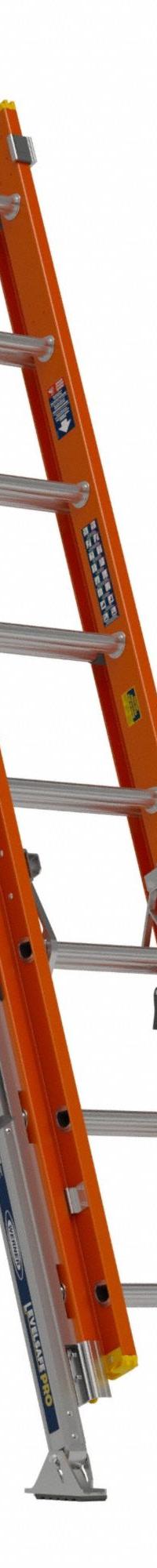 WERNER Extension Ladder: 16 ft Ladder Size, Fiberglass, 300 lb Load Capacity, 52 lb Wt, 2 Sections (MPN D6216-2L). Key specifications — Color: Orange; Brand: WERNER; Included Features: Bubble Level; Removable Fly: Removable.