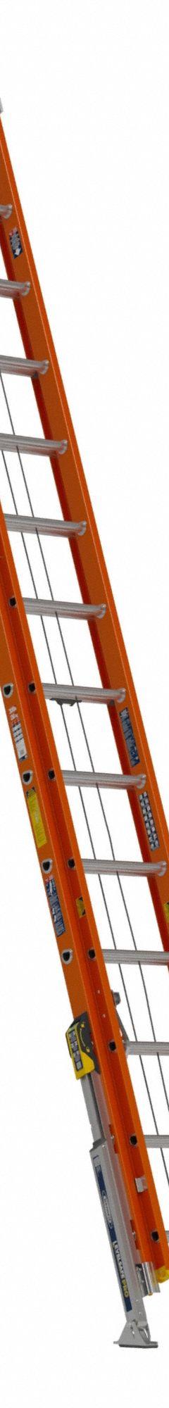 WERNER Extension Ladder: 28 ft Ladder Size, Fiberglass, 300 lb Load Capacity, 87 lb Wt, 2 Sections (MPN D6228-2L). Key specifications — Color: Orange; Brand: WERNER; Included Features: Bubble Level; Removable Fly: Removable.