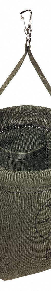 KLEIN TOOLS Bucket Bag: 8 in H, Green, Canvas, 2 Pockets, Open Top, Single Handle With Snap Hook (MPN 5143). Key specifications — attr1118525: KLEIN TOOLS; attr1125037: Green; attr1118507: Single Handle With Snap Hook; attr1125041: Canvas; attr1203718: No.