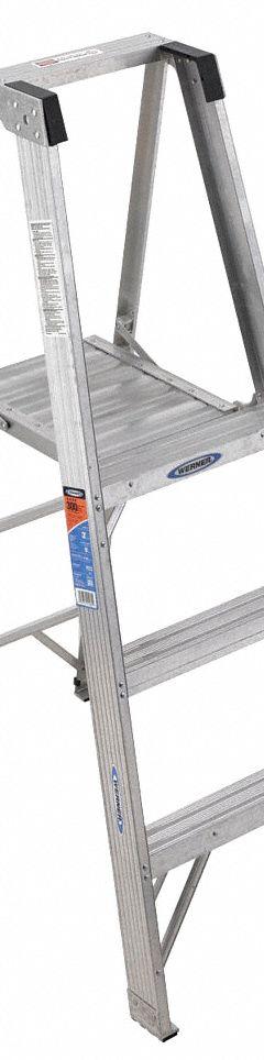 WERNER Platform Stepladder: 3 ft Ladder Size, Aluminum, 300 lb Load Capacity, 15 lb Wt (MPN P373). Key specifications — Brand: WERNER; Included Features: Guard Rail.