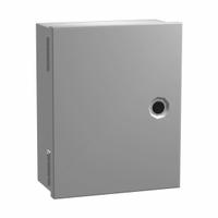 HAMMOND Enclosure: Steel, 14 in x 12 in x 8 in, NEMA 1, Solid Cover, Hinged, Painted (MPN N1J14128). Key specifications — Brand: HAMMOND; Closure Method: 1/4-Turn Latch; Knockouts: Not Included.