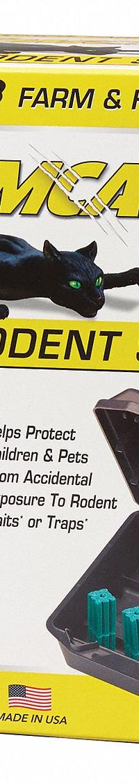 TOMCAT Rodent Station: Box Trap, Box, 16 oz Container Size, Bait Station, 4 1/2 in Overall Ht (MPN 33473). Key specifications — Reusable: Yes; Color: Black; Brand: TOMCAT; Container Type: Box; Form: Bait Station; Includes: (2) Prong Keys.