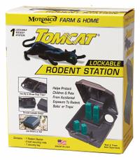 TOMCAT Rodent Station: Box Trap, Box, 16 oz Container Size, Bait Station, 4 1/2 in Overall Ht (MPN 33473). Key specifications — Reusable: Yes; Color: Black; Brand: TOMCAT; Container Type: Box; Form: Bait Station; Includes: (2) Prong Keys.