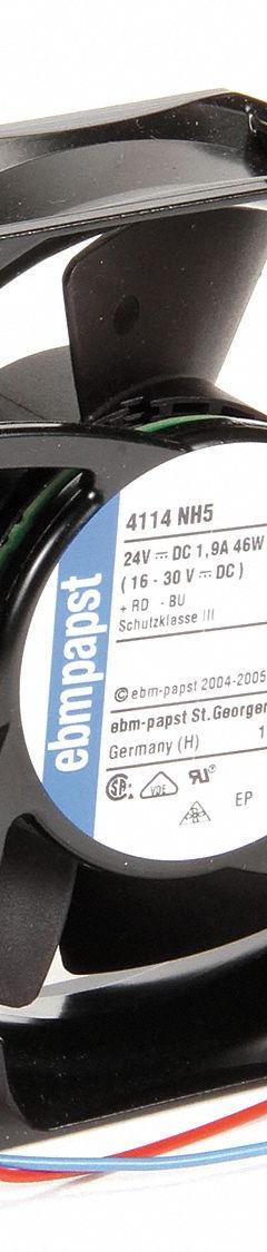 EBM-PAPST Axial Fan: 209 cfm Airflow @ 0.000 in SP, 4 11/16 in Ht, 1 1/2 in Dp, Lead Wires, IP20 (MPN 4114NH5). Key specifications — Blade Material: Polyamide; Brand: EBM-PAPST.