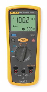 FLUKE Megohmmeter: 0.01 kiloohm to 20 kiloohm, CAT IV 600V, IP40, Digital, No Output, 1 mA (MPN FLUKE-1503). Key specifications — IP Rating: IP40; Test Voltage: 1,000V DC; Brand: FLUKE.