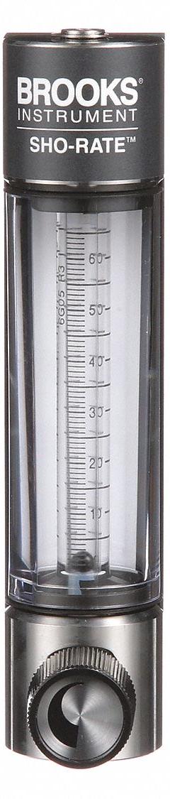 BROOKS Mechanical Flowmeter: Flow Meter, Scale, Variable Area, Panel Mount, Vertical, Liters, FNPT (MPN 1250AR6051MRSVV). Key specifications — Display Type: Scale; O-Ring Material: Viton; Includes Flow Rate Adjustment Knob: Yes; Includes Pressure Guage: No; Mounting Orientation: Vertical; Unit Of Measure: Liters; Brand: BROOKS; Accuracy: +/-5%.