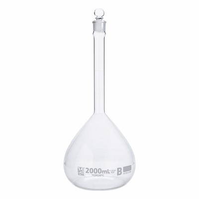 GLOBE SCIENTIFIC Glass Flasks: 2,000 mL, Colorless, B, 1 mL, Includes Closure - Glass Volumetric Flasks